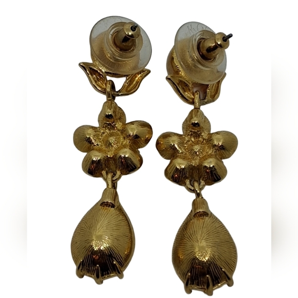 Vintage 1980s Monet Gold Tone Faux Pearl & Rhinestone Drop Earrings - Picture 4 of 5